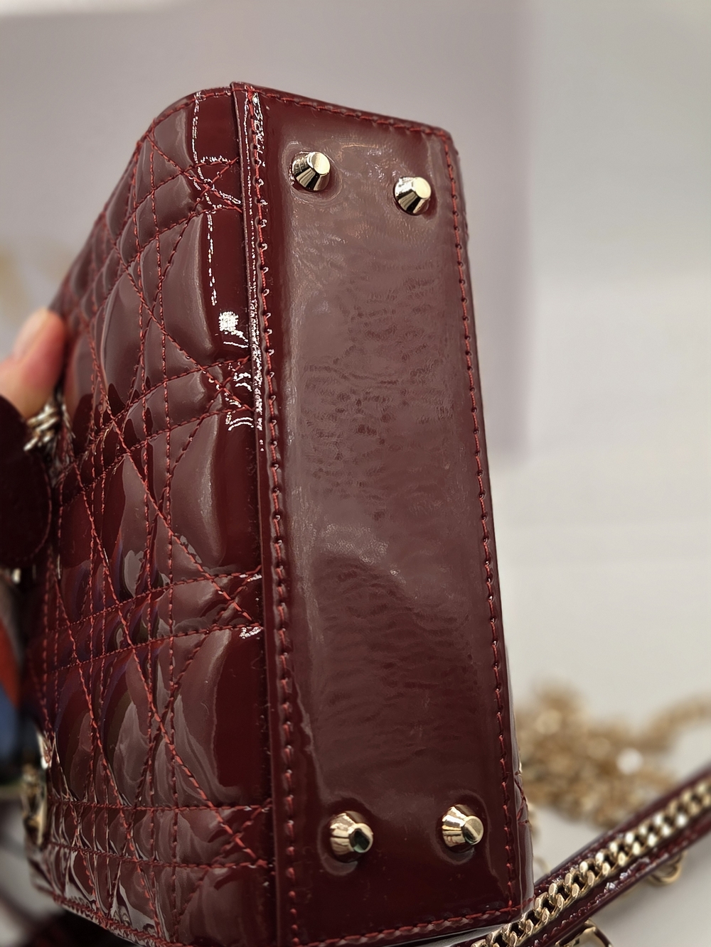 Authentic Christian Dior Mini Lady Dior Bag - Burgundy Patent Cannage GHW - Picture 7 of 16